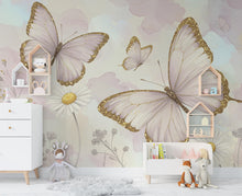Load image into Gallery viewer, Butterfly and Flower Wallpaper Mural – Blush Pink Peonies, Gold Accents, Elegant Watercolor Wall Art for Girls Bedroom Nursery 885RS