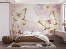 Load image into Gallery viewer, Butterfly and Flower Wallpaper Mural – Blush Pink Peonies, Gold Accents, Elegant Watercolor Wall Art for Girls Bedroom Nursery 886RS