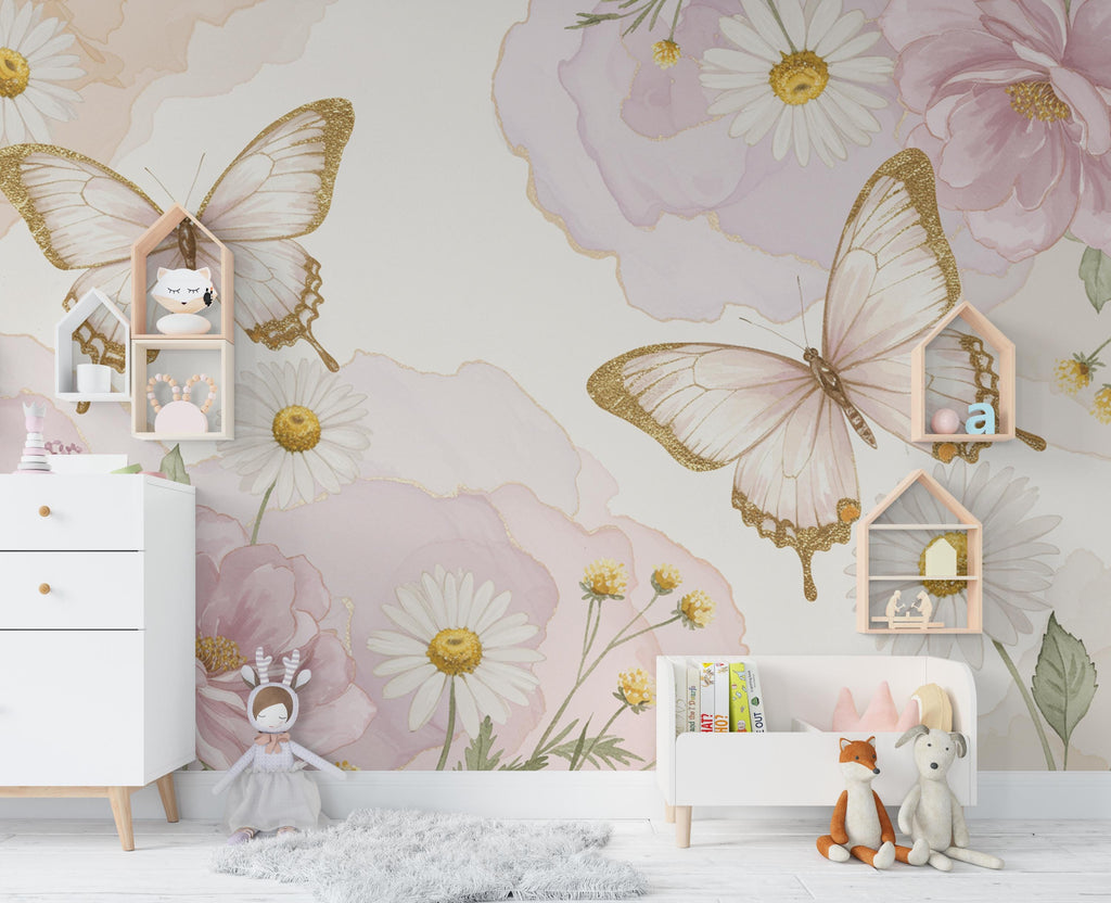 Butterfly and Flower Wallpaper Mural – Blush Pink Peonies, Gold Accents, Elegant Watercolor Wall Art for Girls Bedroom Nursery 886RS