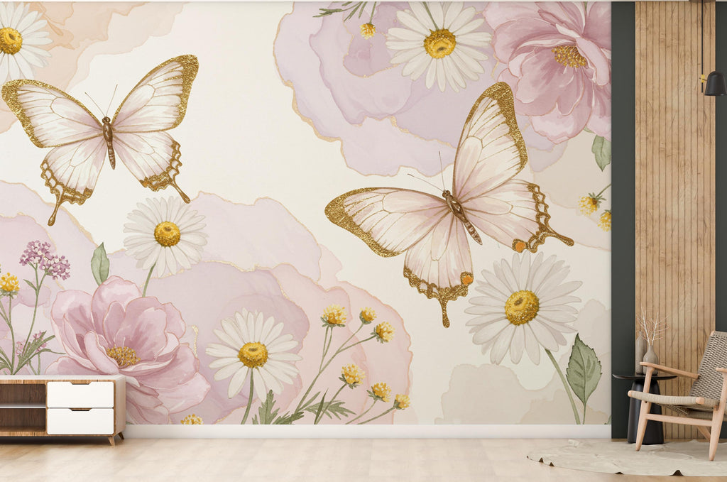 Butterfly and Flower Wallpaper Mural – Blush Pink Peonies, Gold Accents, Elegant Watercolor Wall Art for Girls Bedroom Nursery 886RS