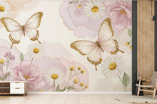 Load image into Gallery viewer, Butterfly and Flower Wallpaper Mural – Blush Pink Peonies, Gold Accents, Elegant Watercolor Wall Art for Girls Bedroom Nursery 886RS