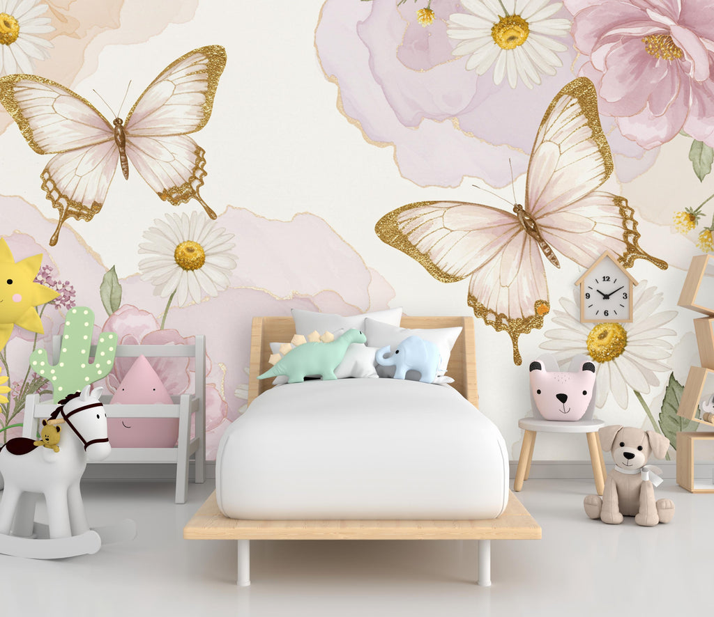 Butterfly and Flower Wallpaper Mural – Blush Pink Peonies, Gold Accents, Elegant Watercolor Wall Art for Girls Bedroom Nursery 886RS