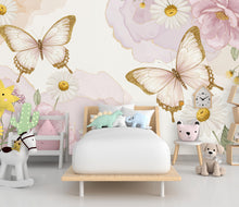 Load image into Gallery viewer, Butterfly and Flower Wallpaper Mural – Blush Pink Peonies, Gold Accents, Elegant Watercolor Wall Art for Girls Bedroom Nursery 886RS