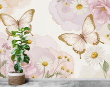 Load image into Gallery viewer, Butterfly and Flower Wallpaper Mural – Blush Pink Peonies, Gold Accents, Elegant Watercolor Wall Art for Girls Bedroom Nursery 886RS
