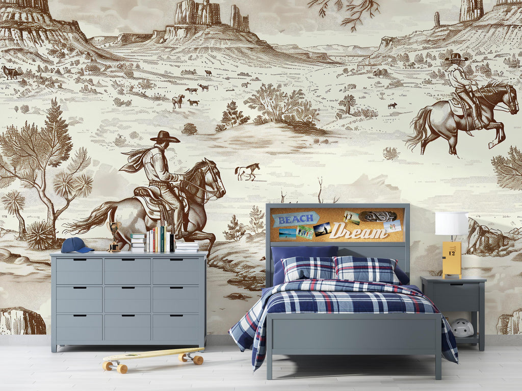 3D Vintage Cowboy Western Wallpaper Mural | Rustic Wild West Wall Decor | Stylish Bold Statement Wall Art for Bedroom Kids Room Living Room