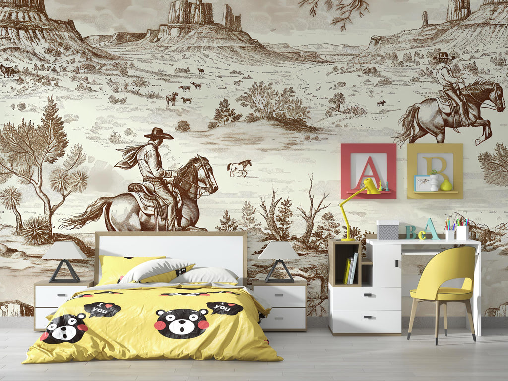 3D Vintage Cowboy Western Wallpaper Mural | Rustic Wild West Wall Decor | Stylish Bold Statement Wall Art for Bedroom Kids Room Living Room