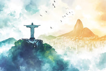Load image into Gallery viewer, Rio de Janeiro Christ the Redeemer Wallpaper – Watercolor 3D Wall Mural with Sugarloaf Mountain Skyline – Bold Modern Stylish Wall Decor