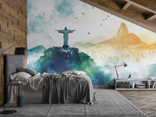 Load image into Gallery viewer, Rio de Janeiro Christ the Redeemer Wallpaper – Watercolor 3D Wall Mural with Sugarloaf Mountain Skyline – Bold Modern Stylish Wall Decor