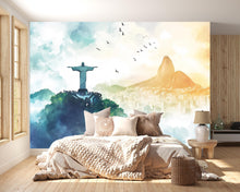 Load image into Gallery viewer, Rio de Janeiro Christ the Redeemer Wallpaper – Watercolor 3D Wall Mural with Sugarloaf Mountain Skyline – Bold Modern Stylish Wall Decor