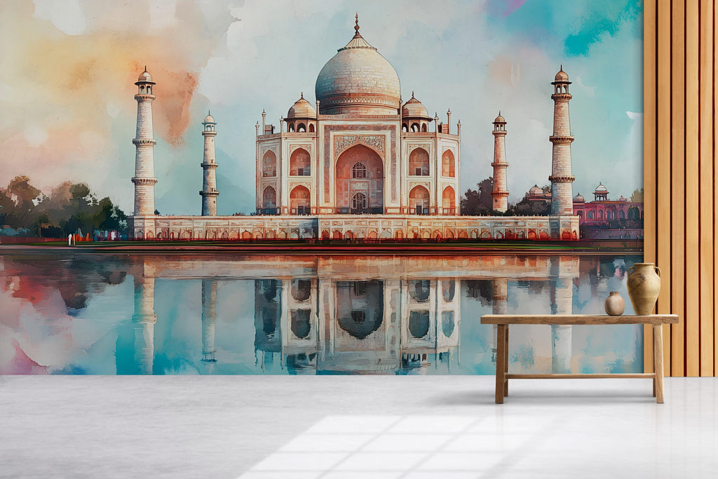 Taj Mahal Wallpaper – Watercolor 3D Wall Mural with Iconic Indian Landmark and Reflection – Bold Modern Stylish Wall Decor Gift