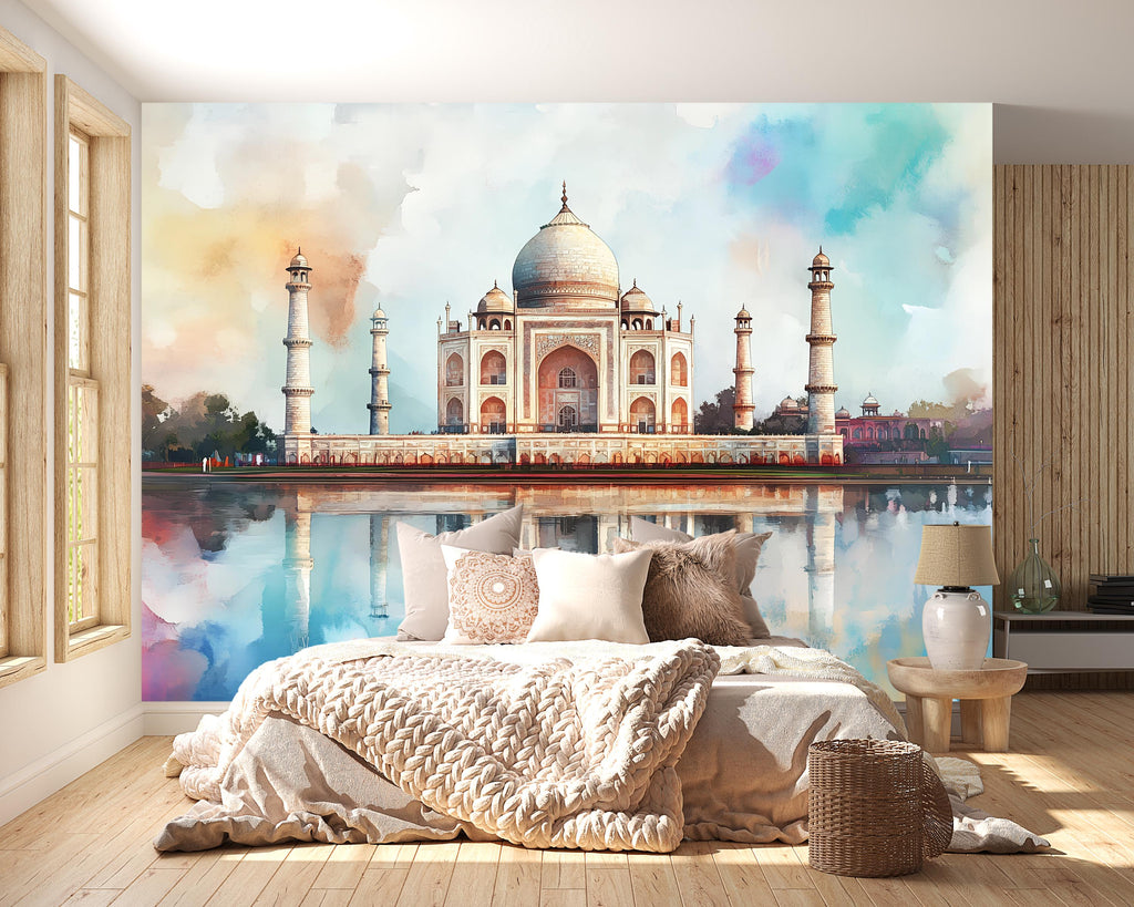 Taj Mahal Wallpaper – Watercolor 3D Wall Mural with Iconic Indian Landmark and Reflection – Bold Modern Stylish Wall Decor Gift