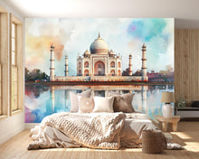 Load image into Gallery viewer, Taj Mahal Wallpaper – Watercolor 3D Wall Mural with Iconic Indian Landmark and Reflection – Bold Modern Stylish Wall Decor Gift