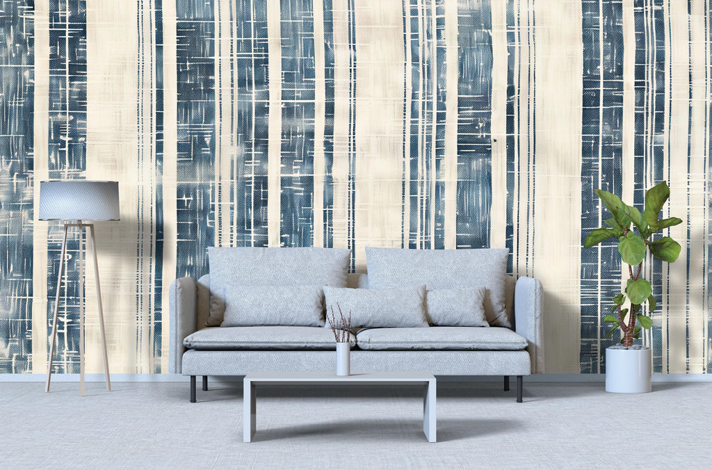 Modern Navy Textured Stripe Wallpaper Mural | Blue & Beige Linen Inspired Wall Decor | Stylish Bold Statement Wall Art for Living Room