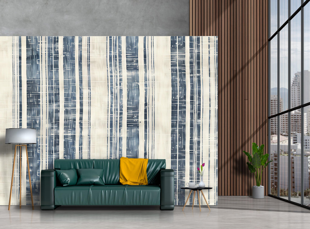 Modern Navy Textured Stripe Wallpaper Mural | Blue & Beige Linen Inspired Wall Decor | Stylish Bold Statement Wall Art for Living Room