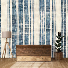 Load image into Gallery viewer, Modern Navy Textured Stripe Wallpaper Mural | Blue &amp; Beige Linen Inspired Wall Decor | Stylish Bold Statement Wall Art for Living Room