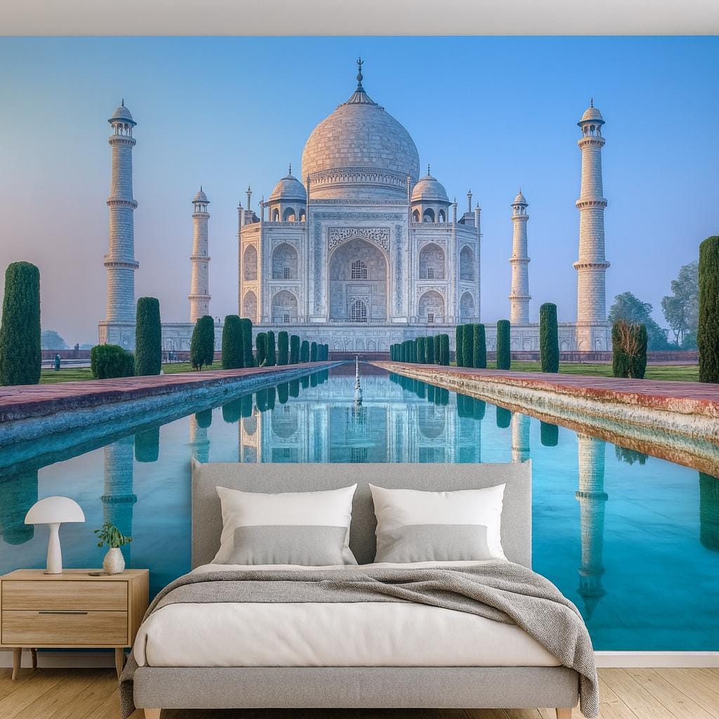Taj Mahal Wallpaper – 3D Wall Mural with Water Reflection of Iconic Indian Landmark – Bold Modern Stylish Wall Decor Gift for Travel Lovers
