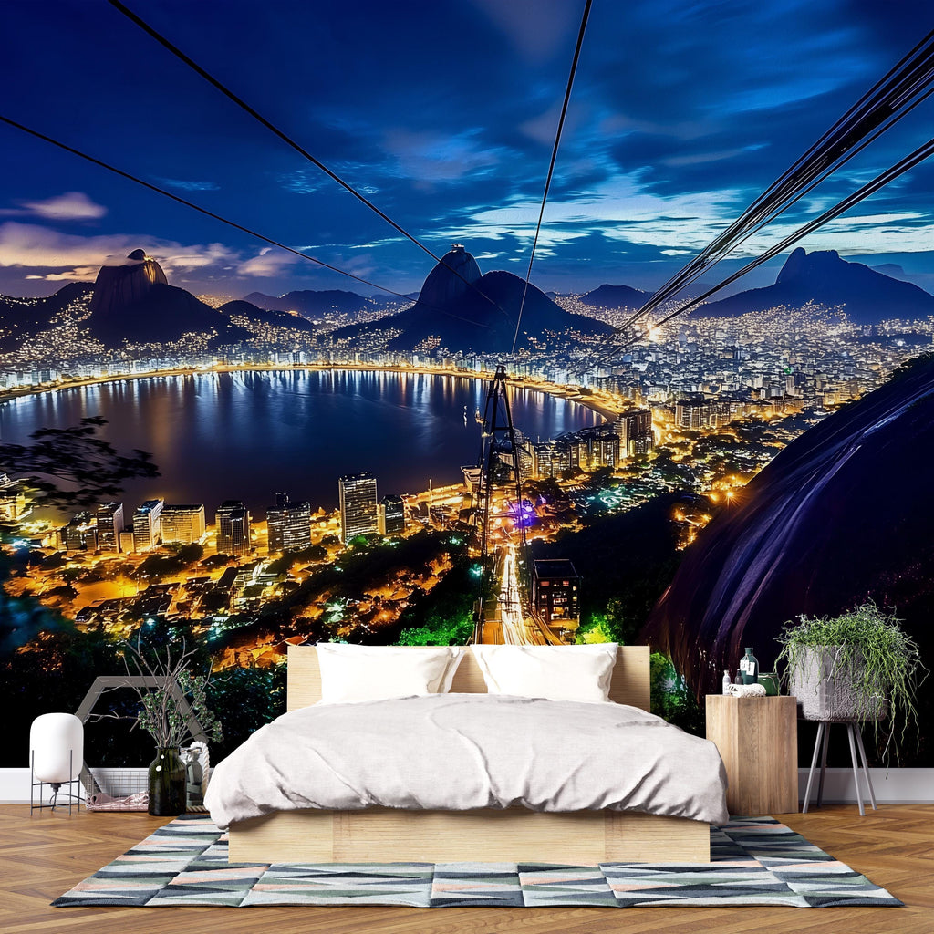 Rio de Janeiro Night Skyline Wallpaper – 3D Wall Mural with Sugarloaf Cable Car & City Lights – Bold Modern Stylish Wall Decor Gift