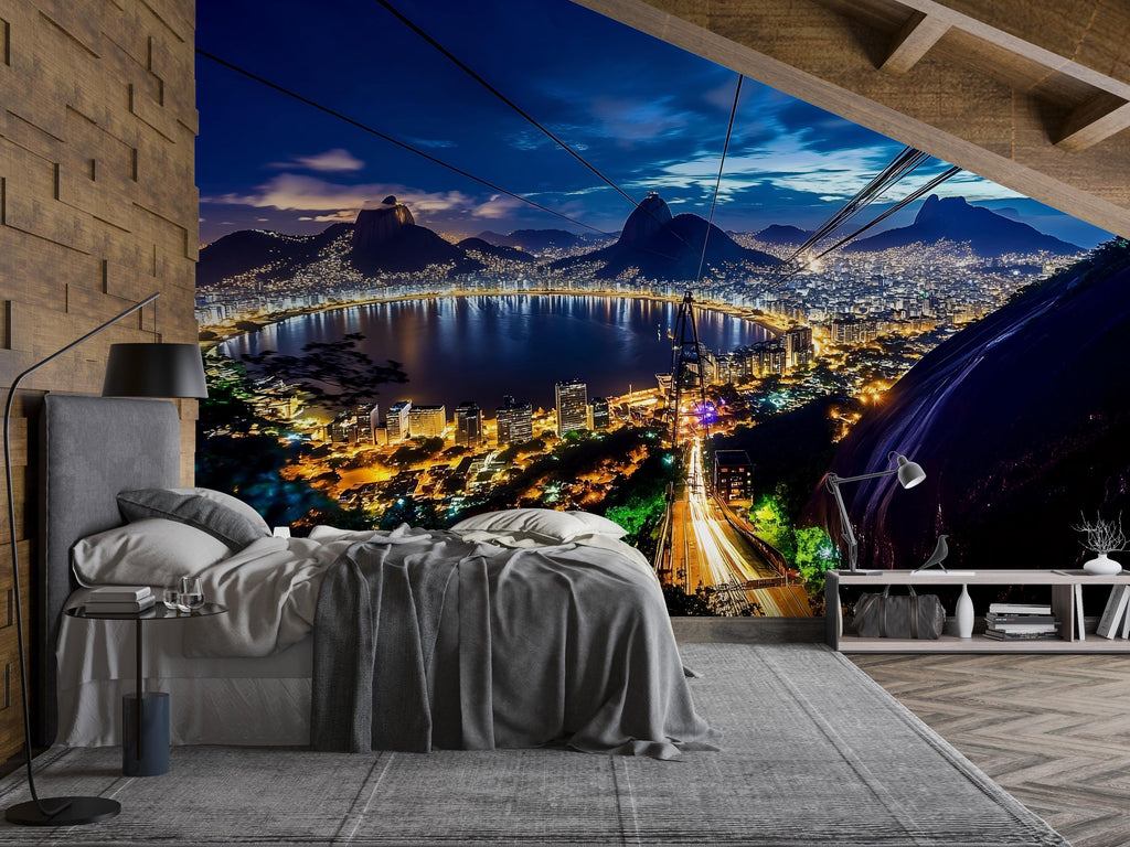 Rio de Janeiro Night Skyline Wallpaper – 3D Wall Mural with Sugarloaf Cable Car & City Lights – Bold Modern Stylish Wall Decor Gift
