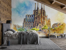 Load image into Gallery viewer, Barcelona Sagrada Familia Wallpaper – Watercolor 3D Wall Mural of Iconic Spanish Landmark – Bold Modern Stylish Wall Decor Gift