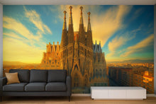 Load image into Gallery viewer, Barcelona Sagrada Familia Wallpaper – 3D Wall Mural with Sunset Skyline of Iconic Spanish Landmark – Bold Modern Stylish Wall Decor