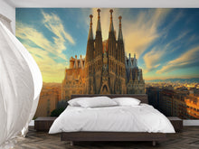 Load image into Gallery viewer, Barcelona Sagrada Familia Wallpaper – 3D Wall Mural with Sunset Skyline of Iconic Spanish Landmark – Bold Modern Stylish Wall Decor