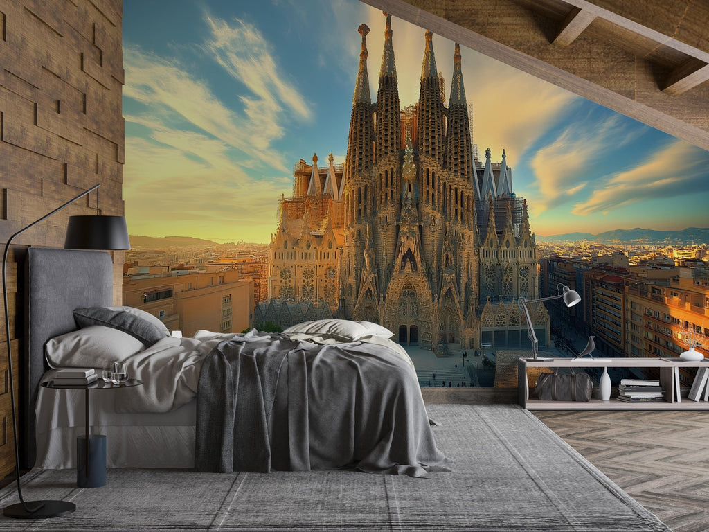 Barcelona Sagrada Familia Wallpaper – 3D Wall Mural with Sunset Skyline of Iconic Spanish Landmark – Bold Modern Stylish Wall Decor