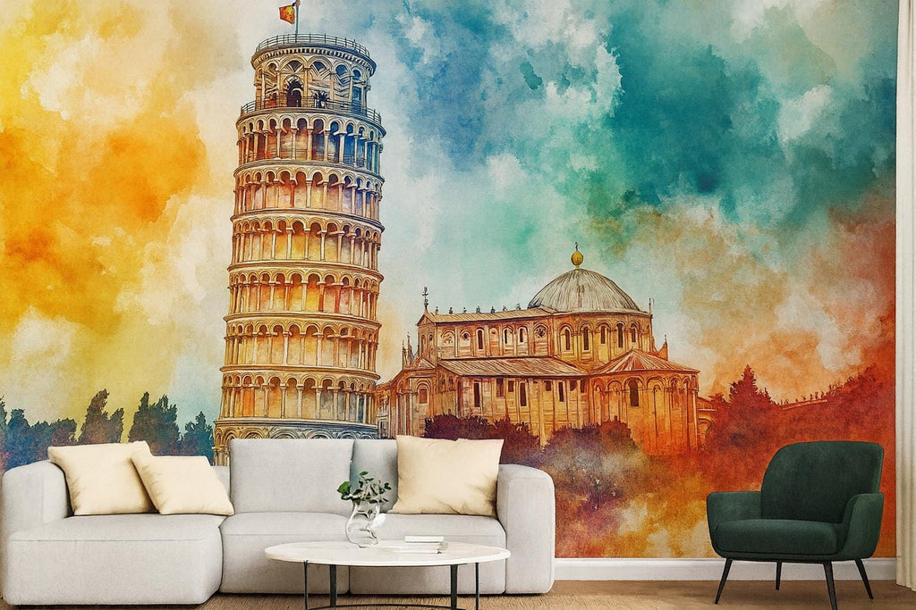 Leaning Tower of Pisa Wallpaper – Watercolor 3D Wall Mural with Iconic Italian Landmark – Bold Modern Stylish Wall Decor Gift