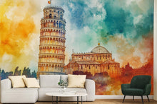 Load image into Gallery viewer, Leaning Tower of Pisa Wallpaper – Watercolor 3D Wall Mural with Iconic Italian Landmark – Bold Modern Stylish Wall Decor Gift
