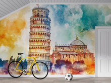 Load image into Gallery viewer, Leaning Tower of Pisa Wallpaper – Watercolor 3D Wall Mural with Iconic Italian Landmark – Bold Modern Stylish Wall Decor Gift