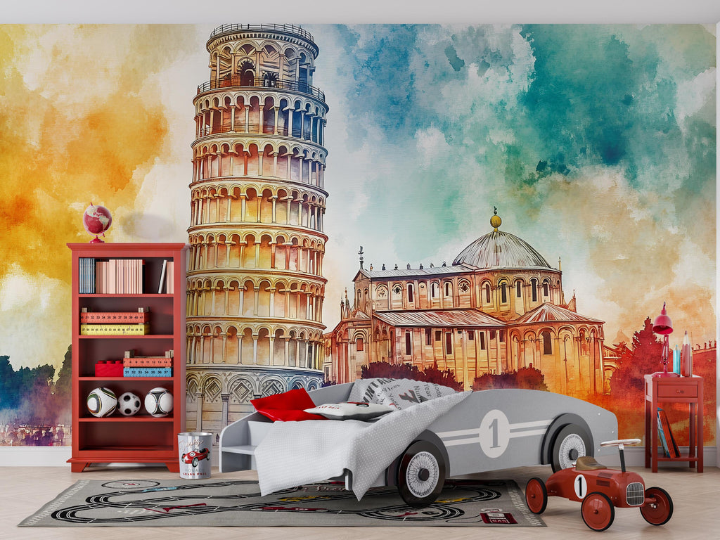 Leaning Tower of Pisa Wallpaper – Watercolor 3D Wall Mural with Iconic Italian Landmark – Bold Modern Stylish Wall Decor Gift