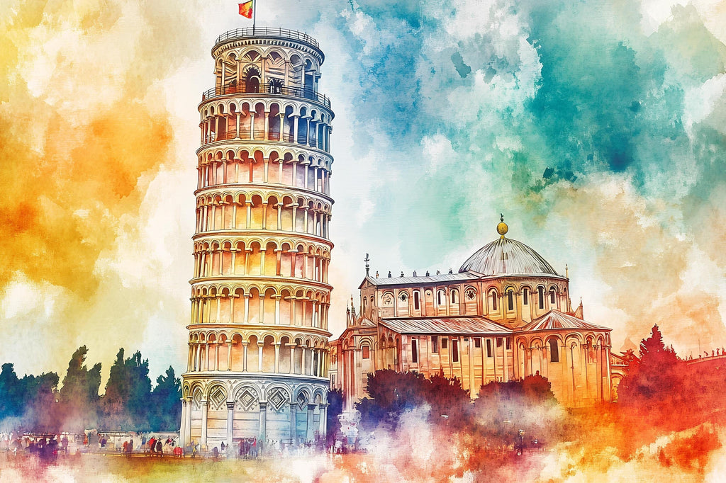 Leaning Tower of Pisa Wallpaper – Watercolor 3D Wall Mural with Iconic Italian Landmark – Bold Modern Stylish Wall Decor Gift