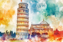 Load image into Gallery viewer, Leaning Tower of Pisa Wallpaper – Watercolor 3D Wall Mural with Iconic Italian Landmark – Bold Modern Stylish Wall Decor Gift