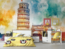 Load image into Gallery viewer, Leaning Tower of Pisa Wallpaper – Watercolor 3D Wall Mural with Iconic Italian Landmark – Bold Modern Stylish Wall Decor Gift