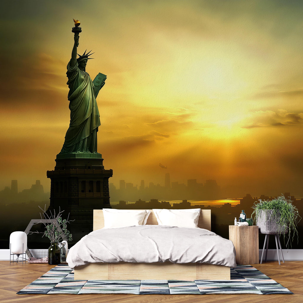 Statue of Liberty Wallpaper – 3D Wall Mural with Sunset Skyline of New York Landmark – Bold Modern Stylish Wall Decor Gift for Travel