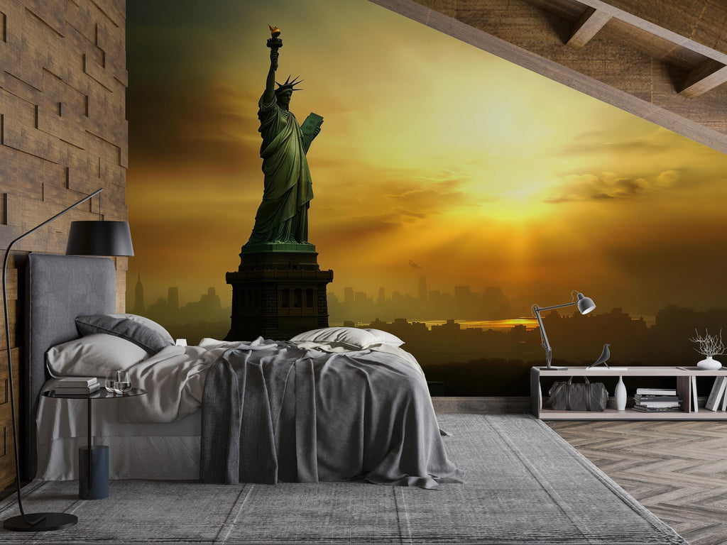 Statue of Liberty Wallpaper – 3D Wall Mural with Sunset Skyline of New York Landmark – Bold Modern Stylish Wall Decor Gift for Travel