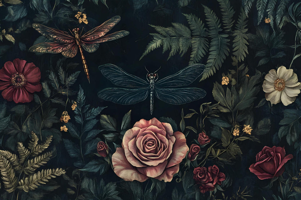 Dark Floral Wallpaper Mural – 3D Botanical Wall Decor with Roses & Dragonflies – Bold Modern Stylish Wall Art Gift for Nature Lovers