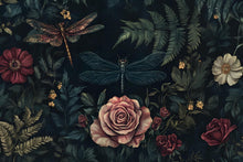 Load image into Gallery viewer, Dark Floral Wallpaper Mural – 3D Botanical Wall Decor with Roses &amp; Dragonflies – Bold Modern Stylish Wall Art Gift for Nature Lovers