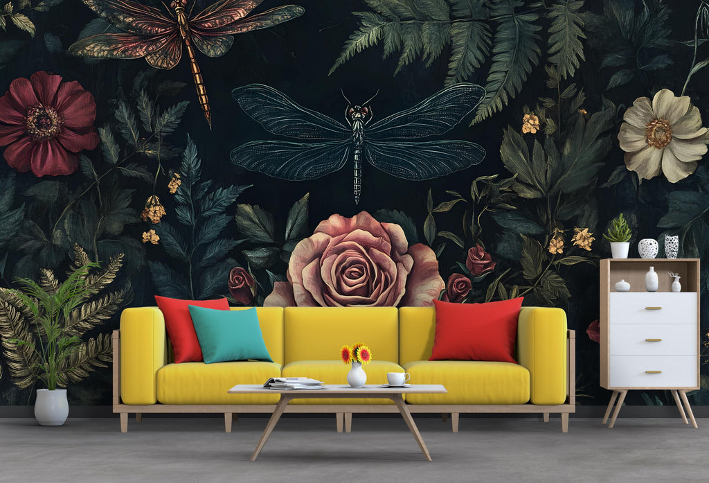 Dark Floral Wallpaper Mural – 3D Botanical Wall Decor with Roses & Dragonflies – Bold Modern Stylish Wall Art Gift for Nature Lovers