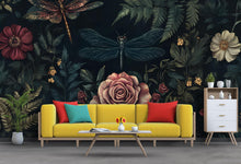 Load image into Gallery viewer, Dark Floral Wallpaper Mural – 3D Botanical Wall Decor with Roses &amp; Dragonflies – Bold Modern Stylish Wall Art Gift for Nature Lovers