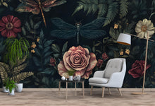 Load image into Gallery viewer, Dark Floral Wallpaper Mural – 3D Botanical Wall Decor with Roses &amp; Dragonflies – Bold Modern Stylish Wall Art Gift for Nature Lovers