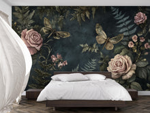 Load image into Gallery viewer, Dark Botanical Wallpaper – 3D Floral Wall Mural with Roses &amp; Dragonflies – Bold Modern Stylish Wall Decor Gift for Nature and Art Lovers