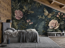 Load image into Gallery viewer, Dark Botanical Wallpaper – 3D Floral Wall Mural with Roses &amp; Dragonflies – Bold Modern Stylish Wall Decor Gift for Nature and Art Lovers