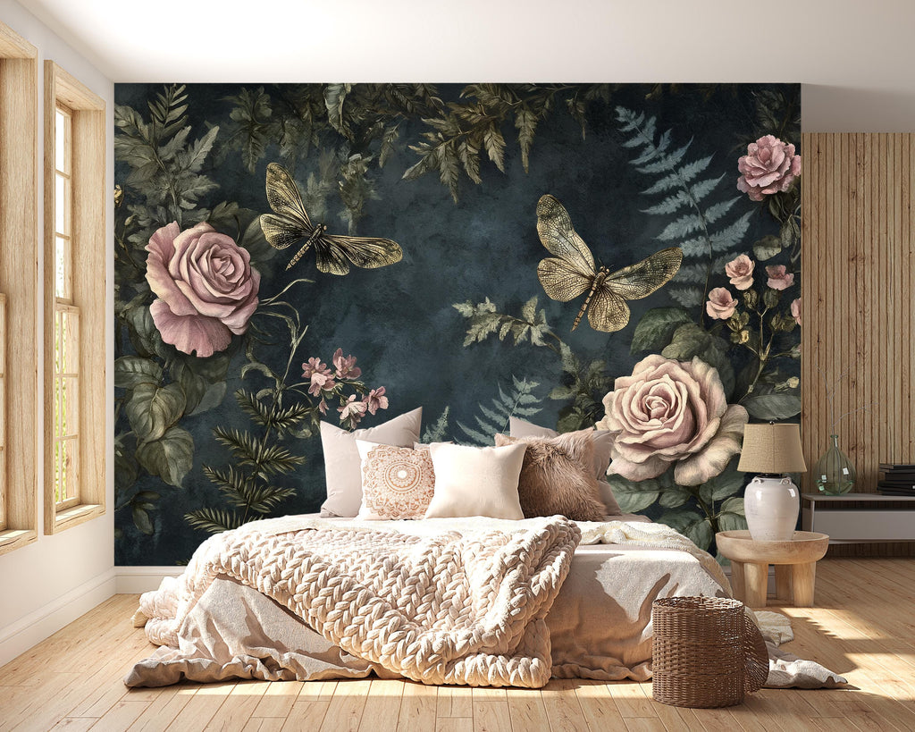 Dark Botanical Wallpaper – 3D Floral Wall Mural with Roses & Dragonflies – Bold Modern Stylish Wall Decor Gift for Nature and Art Lovers