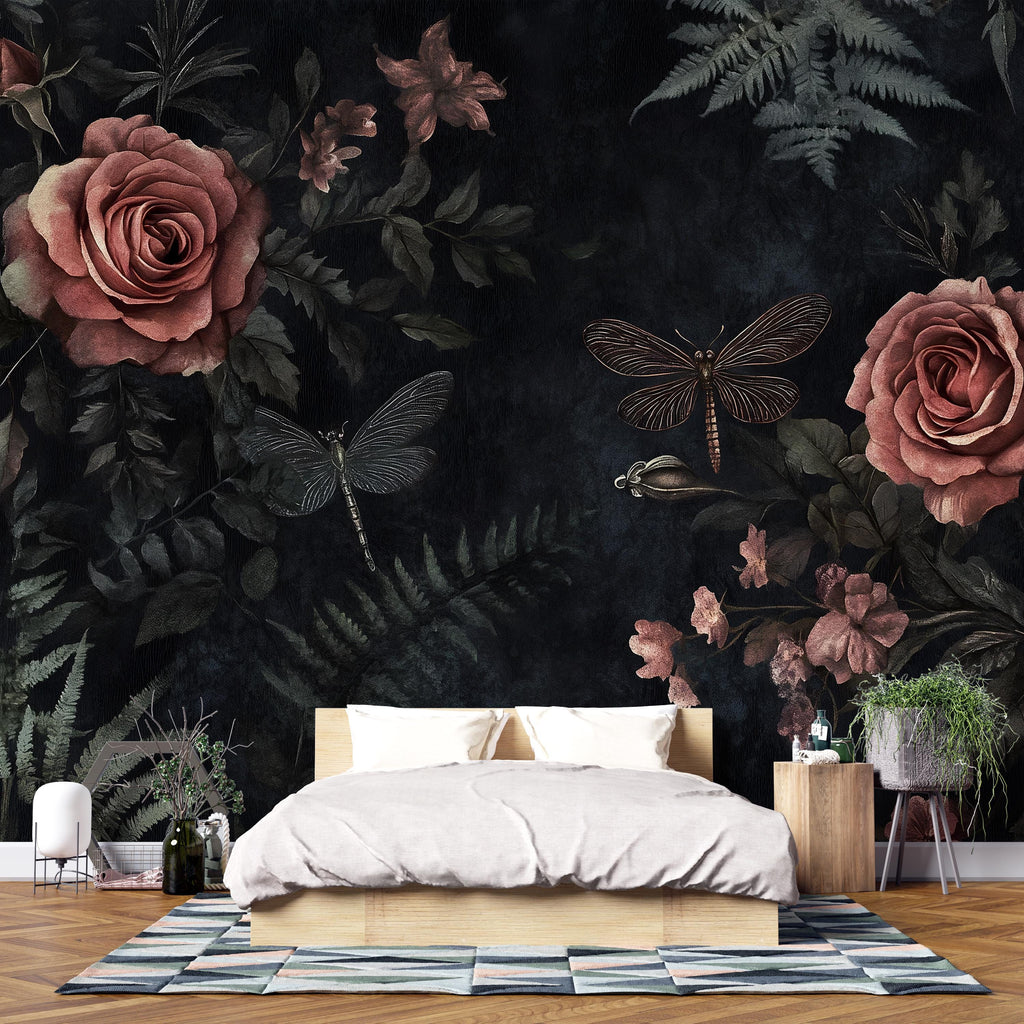 Dark Rose Floral Wallpaper – 3D Botanical Wall Mural with Roses & Dragonflies – Bold Modern Stylish Wall Decor Gift for Nature Lovers