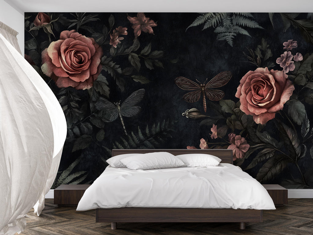Dark Rose Floral Wallpaper – 3D Botanical Wall Mural with Roses & Dragonflies – Bold Modern Stylish Wall Decor Gift for Nature Lovers