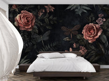 Load image into Gallery viewer, Dark Rose Floral Wallpaper – 3D Botanical Wall Mural with Roses &amp; Dragonflies – Bold Modern Stylish Wall Decor Gift for Nature Lovers