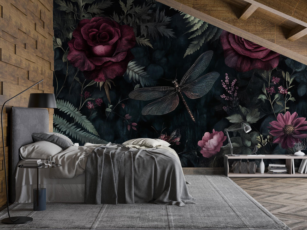 Dark Rose Floral Wallpaper – 3D Botanical Wall Mural with Burgundy Roses & Dragonfly – Bold Modern Stylish Wall Decor Gift for Nature Lovers