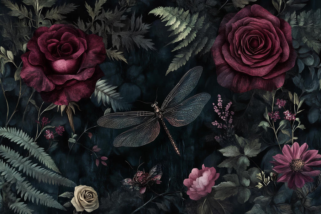 Dark Rose Floral Wallpaper – 3D Botanical Wall Mural with Burgundy Roses & Dragonfly – Bold Modern Stylish Wall Decor Gift for Nature Lovers