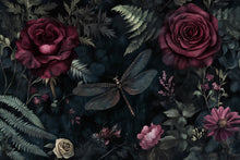 Load image into Gallery viewer, Dark Rose Floral Wallpaper – 3D Botanical Wall Mural with Burgundy Roses &amp; Dragonfly – Bold Modern Stylish Wall Decor Gift for Nature Lovers