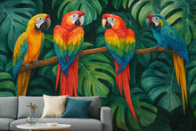 Load image into Gallery viewer, Colorful Parrot Jungle Wallpaper – Tropical Bird Nursery Wall Mural with Macaws &amp; Palm Leaves – 3D Bold Stylish Wall Decor Gift for Kids